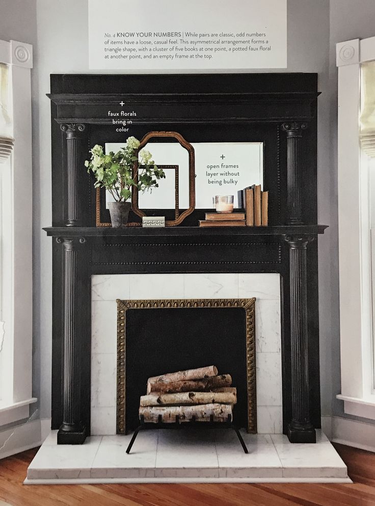 the fireplace is decorated in black and white with an ornate mantel on one side