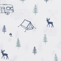 an image of a camper and deer in the woods with trees on white background