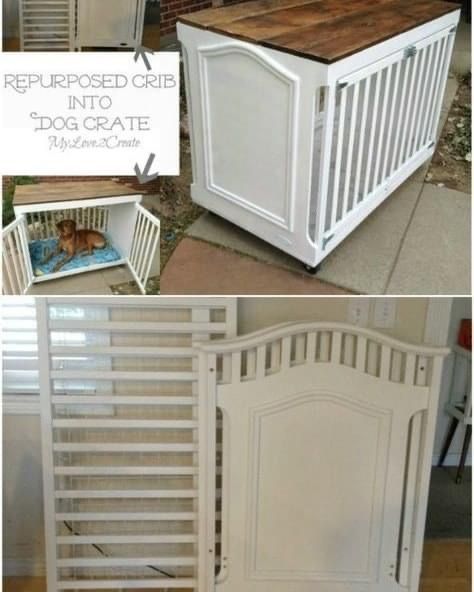 the dog crate is made from repurposed cribs and has been painted white