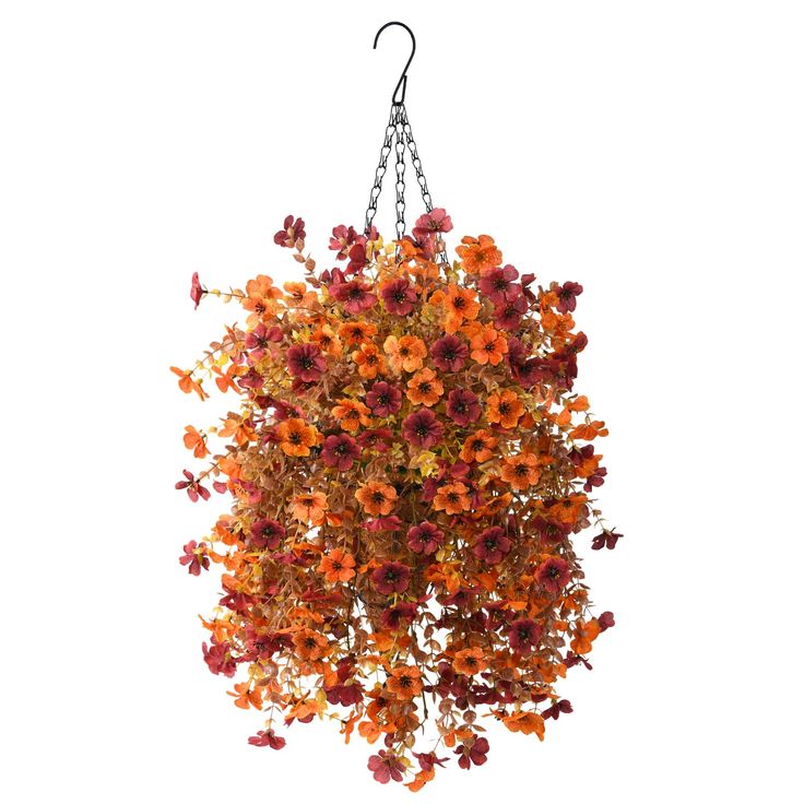 an arrangement of orange flowers hanging from a metal hook on a white background with clippings