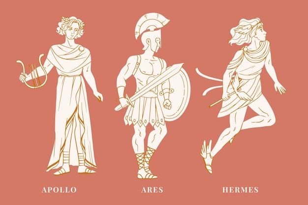 three ancient greek men, one holding a shield and the other carrying a spear in his hand