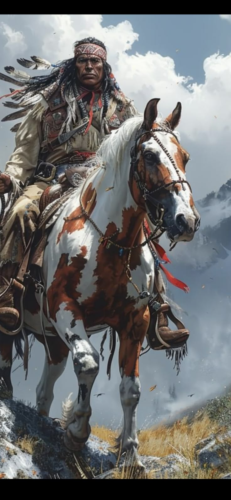 a native american man riding on the back of a brown and white horse in front of mountains