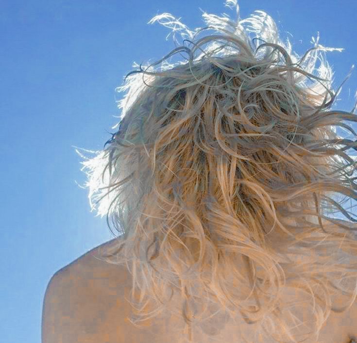 the back of a woman's head with hair blowing in the wind and blue sky behind her