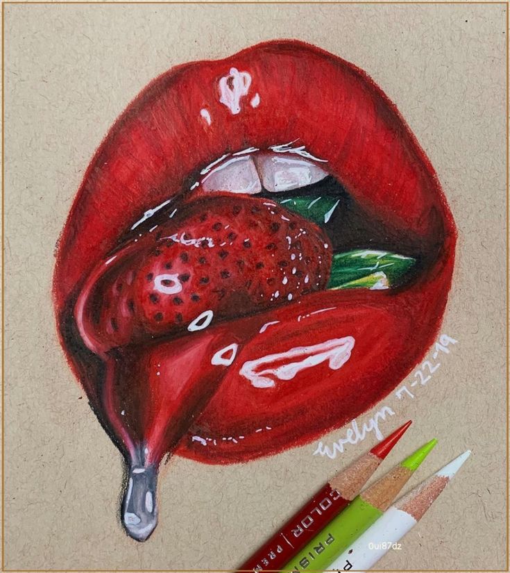 a pencil drawing of a red lip with two strawberries in it and some crayons next to it