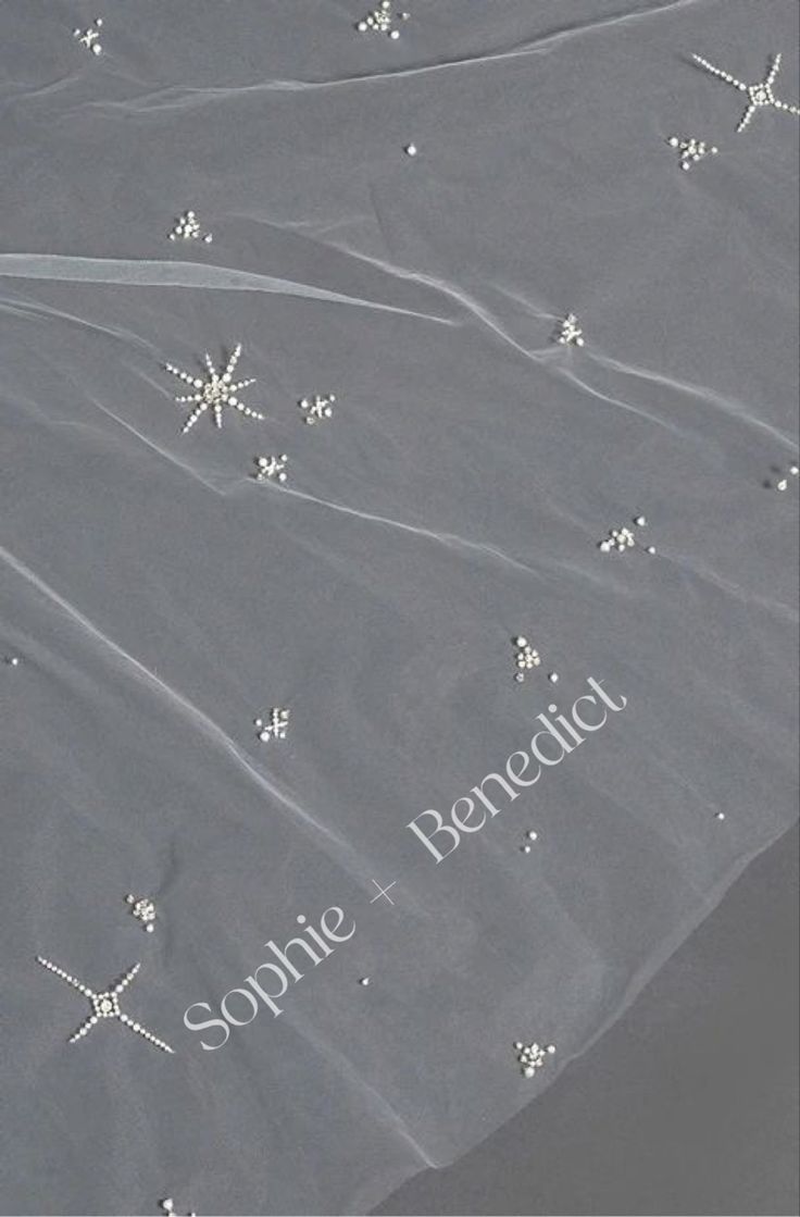 the bride's veil has snowflakes on it and is embroidered with white thread