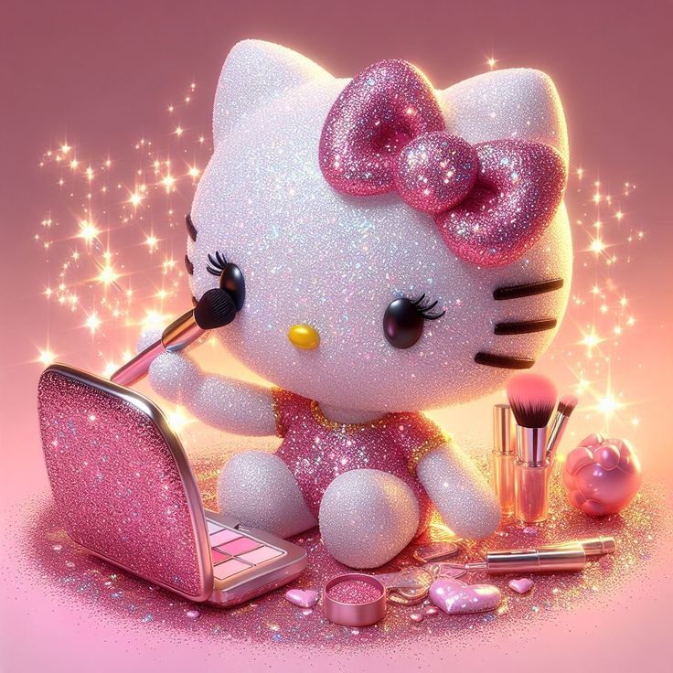 a hello kitty doll sitting on top of a pink table next to makeup and cosmetics