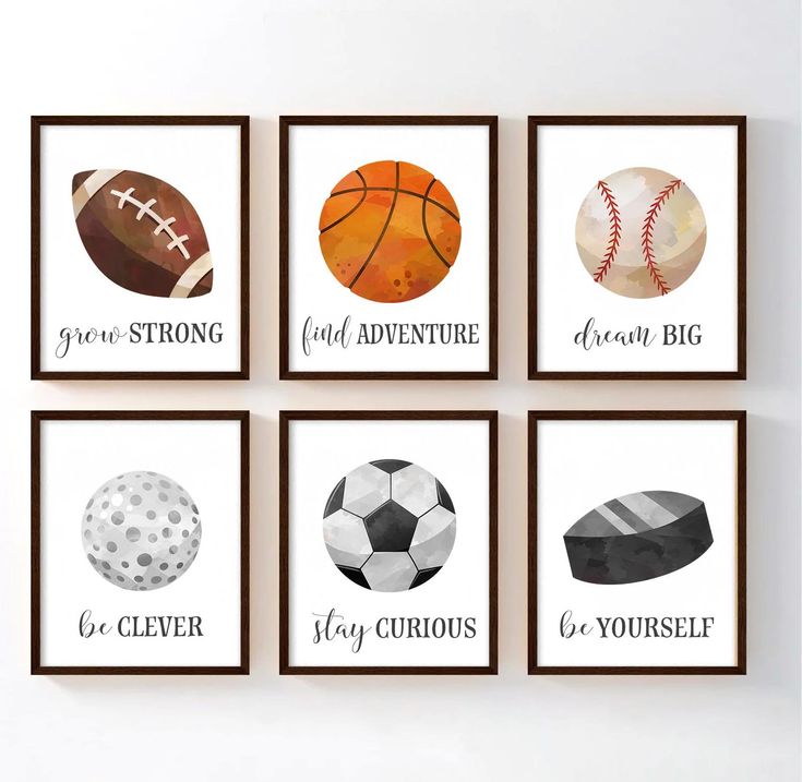 four framed pictures with different types of sports balls on them, one is brown and the other is white