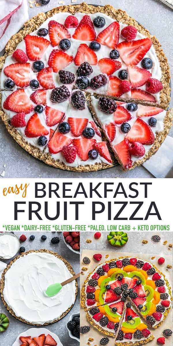 this easy breakfast fruit pizza is made with fresh berries, strawberries, and cream cheese