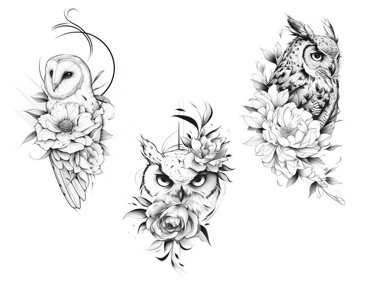 an owl and flowers tattoo design