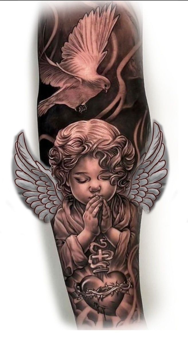 a tattoo with an angel praying in front of a dove and two birds flying above it