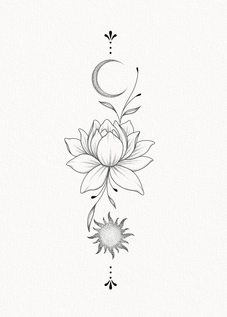 a drawing of a flower with the moon in the middle and stars on it's side