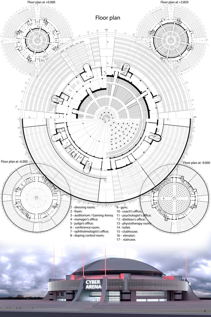 an architectural diagram shows the various sections of a building and its surrounding area, including several circular