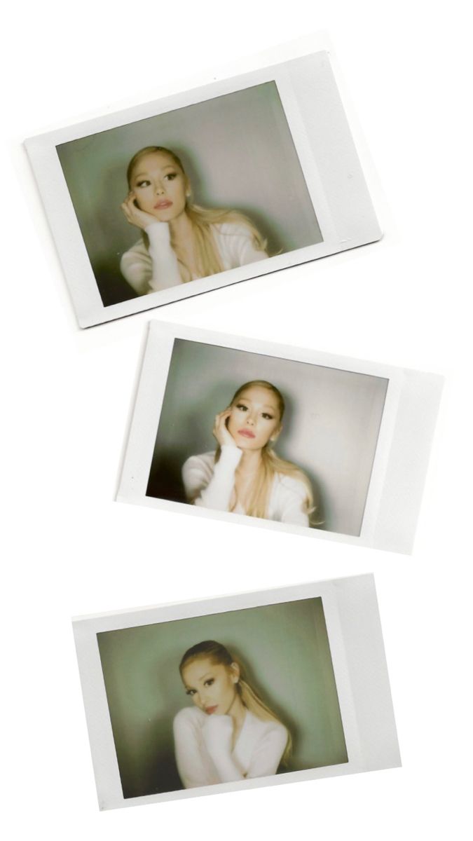 three polaroid photos of two women in white dresses and one woman with long hair