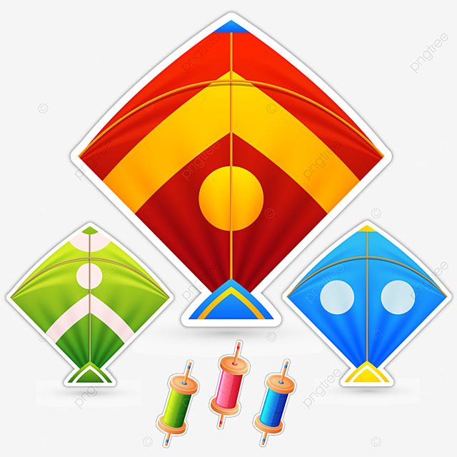 three colorful kites with different shapes and sizes