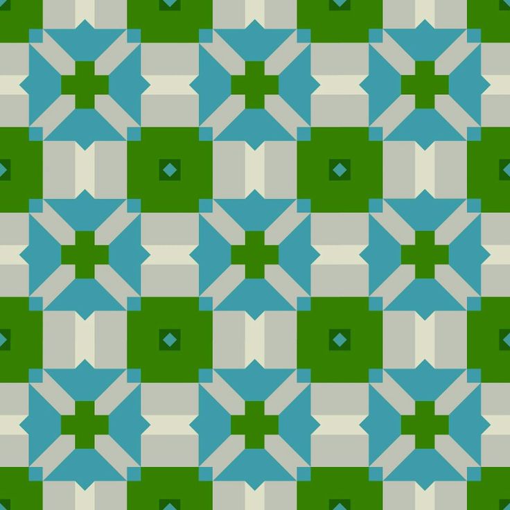 a green and white geometric pattern with blue, grey, and light green squares on it