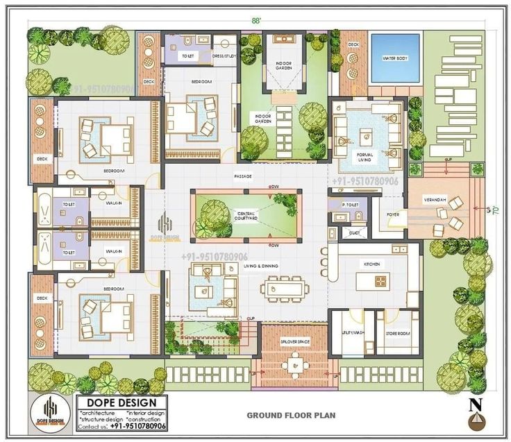 the floor plan for a home with several rooms and bathrooms, including an outdoor swimming pool