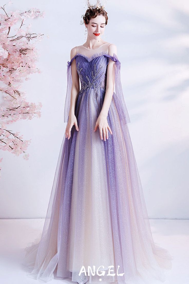 10% off now|Buy fantasy bling purple tulle long prom dress with strappy straps at wholesale price online. Free shipping and pro custom service since 2009. Purple Reception Dress, Purple Fantasy Dress, Purple Gowns Dresses, Fancy Maxi Dress, Purple Prom Dresses, Tulle Long Prom Dress, Purple Tulle, Purple Wedding Dress, Purple Prom