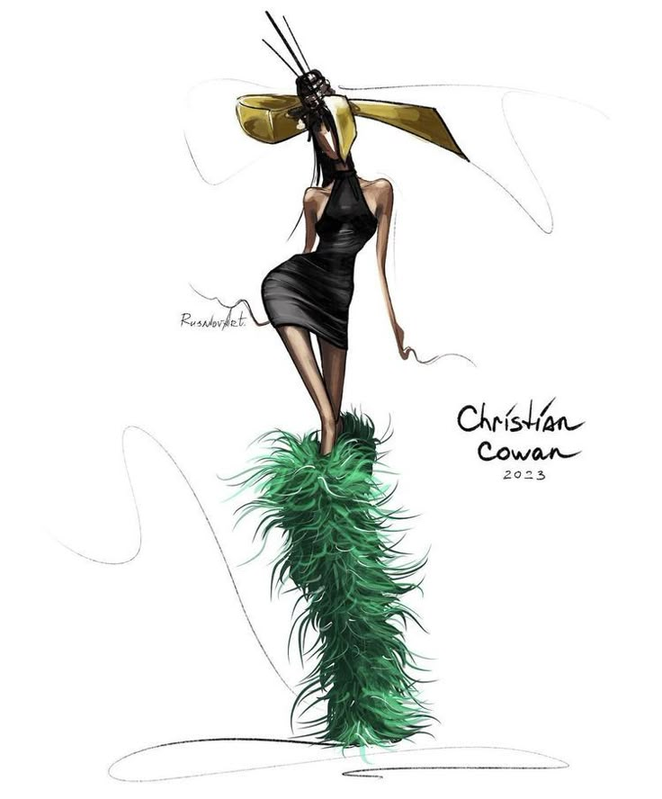 a drawing of a woman in a black dress with green feathers on her head and the words christian couran written below