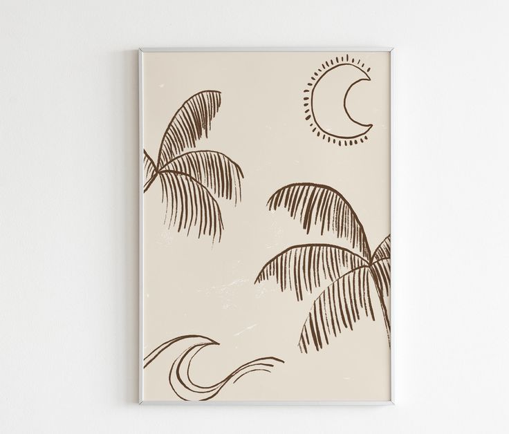 a painting with palm trees and the moon in the sky above it on a white wall