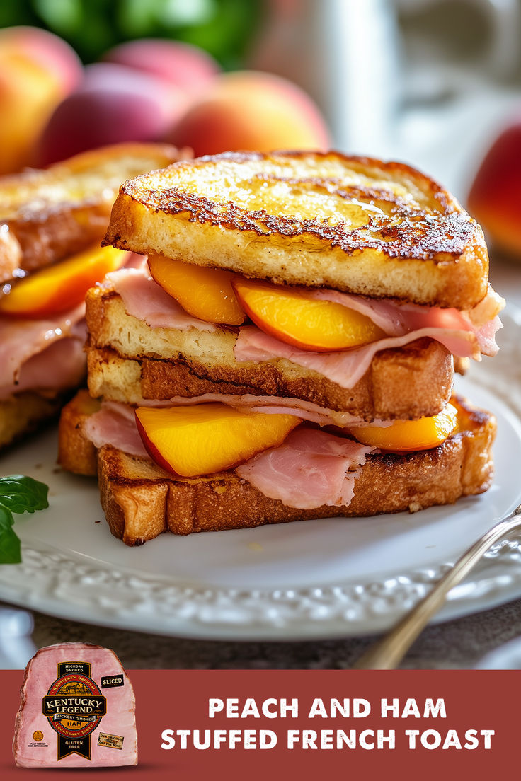 a grilled sandwich with peaches and ham is on a plate next to some fruit