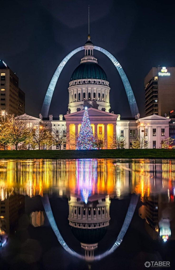 the christmas tree is lit up in front of st louis'cathedral and gateway arch