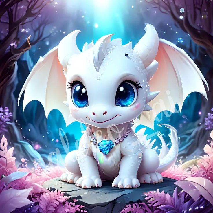 a white dragon sitting on top of a rock in the middle of a forest with purple flowers