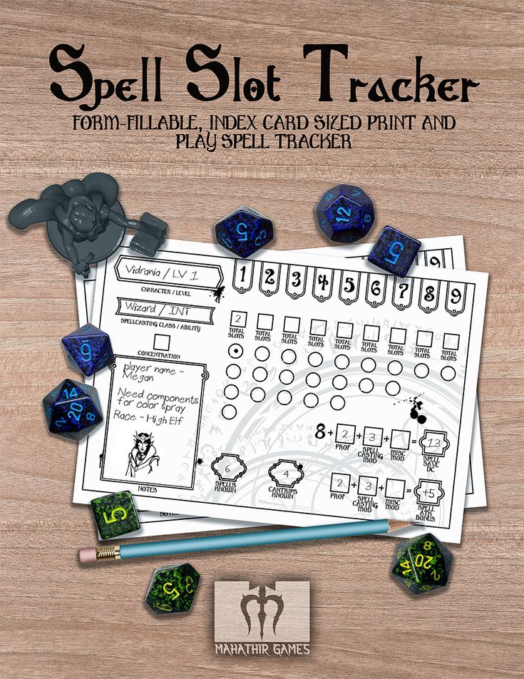 the spell slot tracker is shown on top of a table with dices and paper