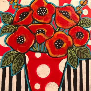 a painting of red flowers in a polka dot vase on a black and white striped background