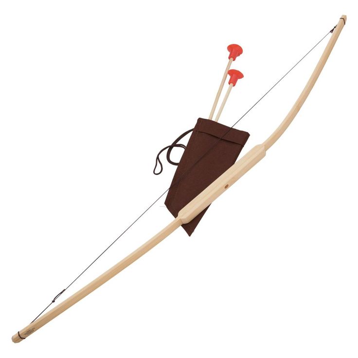 a bow with two arrows attached to it and a brown bag on the back ground