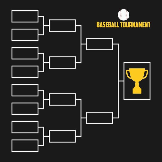 the baseball tournament bracket is shown on a black background with white lines and a gold cup