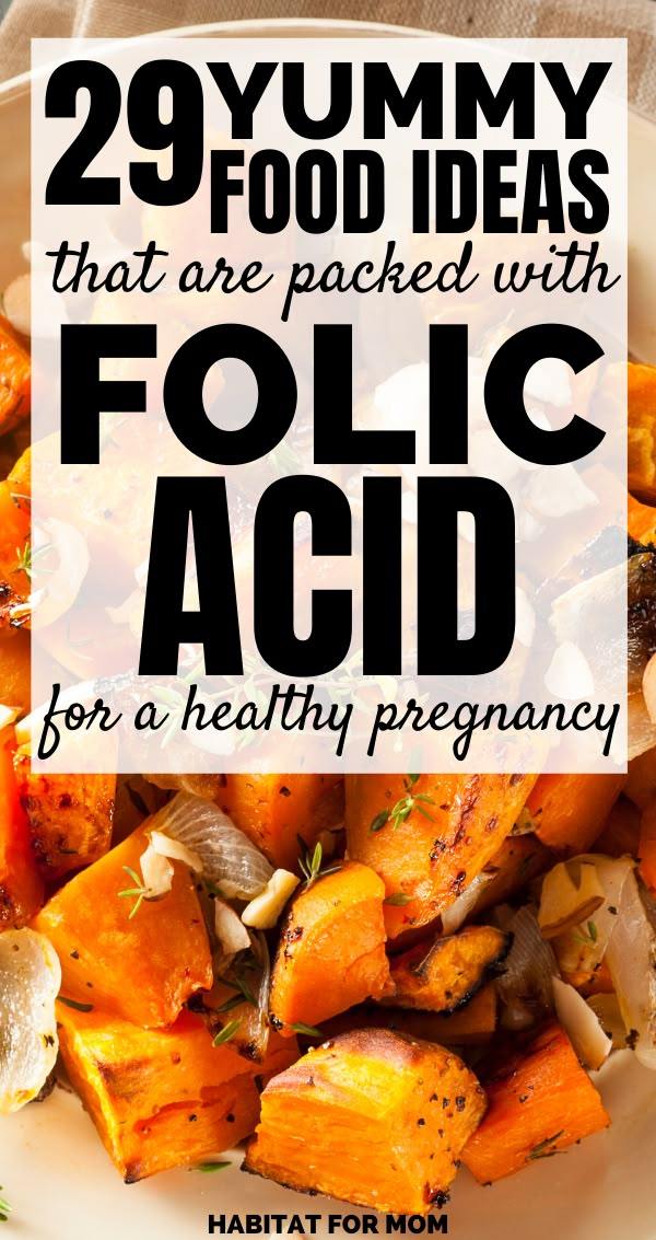 a white plate filled with food and the words 29 yummy food ideas that are packed with folic acid for a healthy pregnancy