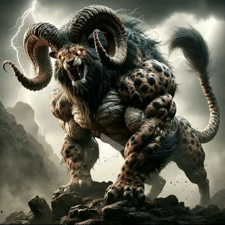 an animal with large horns standing on top of a rocky mountain under a cloudy sky