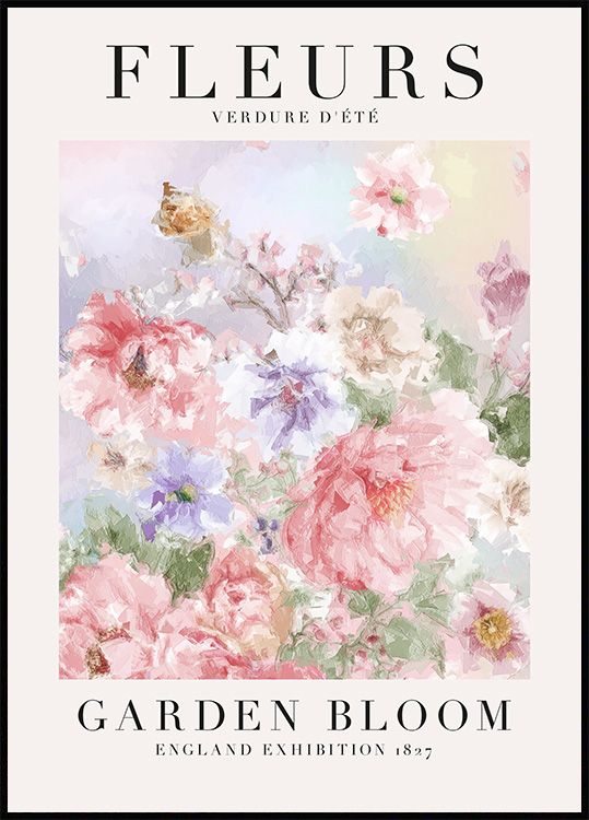 the front cover of fleururs garden bloom, featuring pink and purple flowers in watercolor