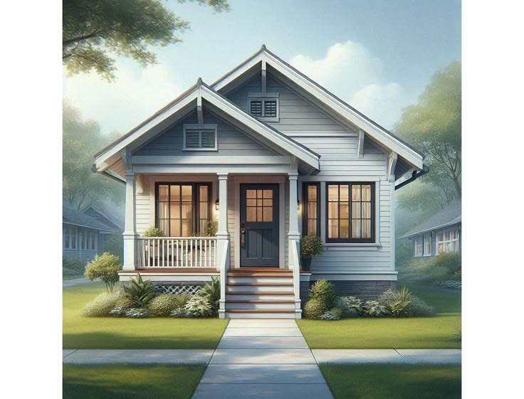 a painting of a small white house with porches and steps leading up to the front door