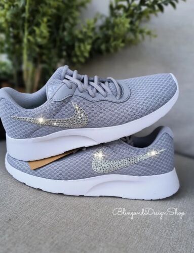 Bling Nike Shoes, Shoes Customized, Gray Sneakers, All Nike Shoes, Nike Tanjun, Bling Shoes, Swarovski Stones, Grey Sneakers, Crystal Stones