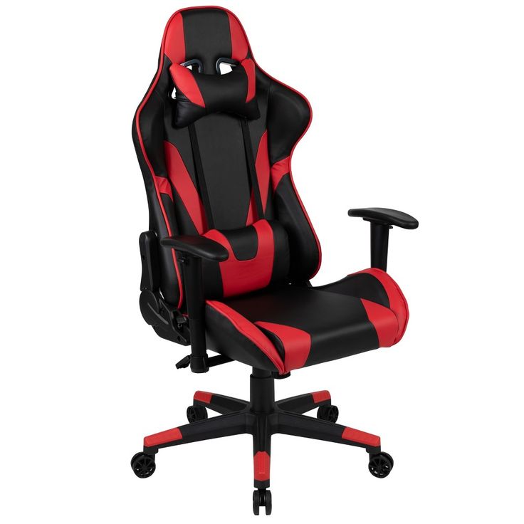 a black and red office chair with wheels on the bottom, in front of a white background