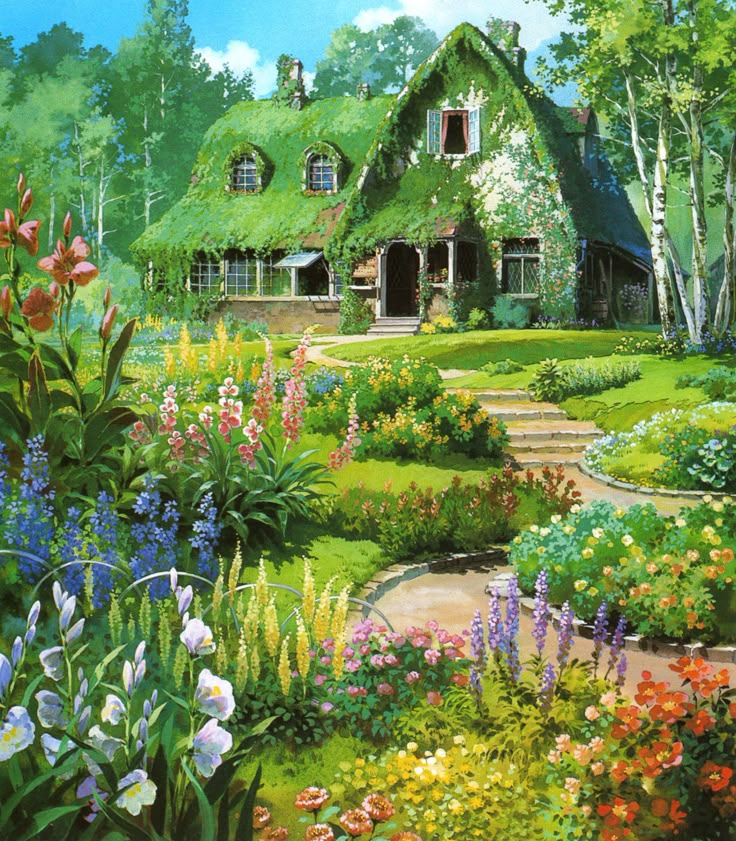 a painting of a garden with flowers and a house in the background that has grass roofs