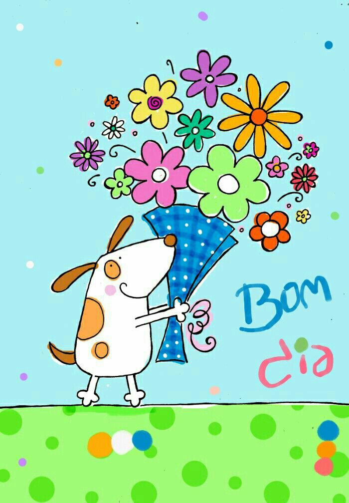 a cartoon dog holding a bunch of flowers in it's mouth with the words bon cia written below