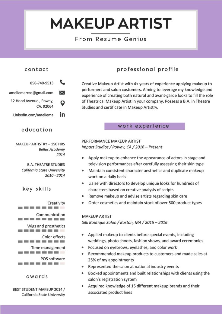 Makeup Artist Resume Sample & Writing Tips | Resume Genius Freelance Makeup Artist Business, Makeup Artist Resume, Makeup Artist Career, Makeup Artist Kit Essentials, Cv Website, Artist Resume, Cv Original, Artist Cv, Movie Makeup