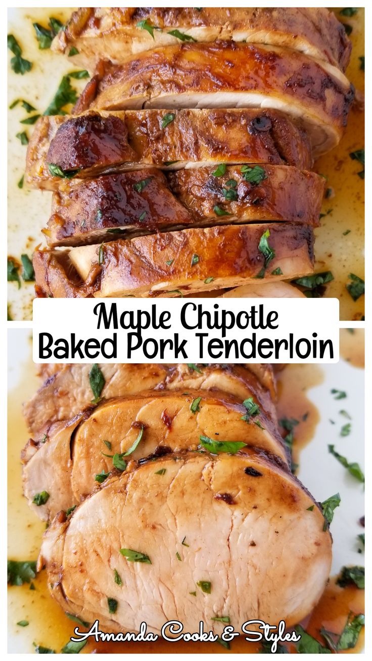 two pictures of pork tenderies with herbs on them