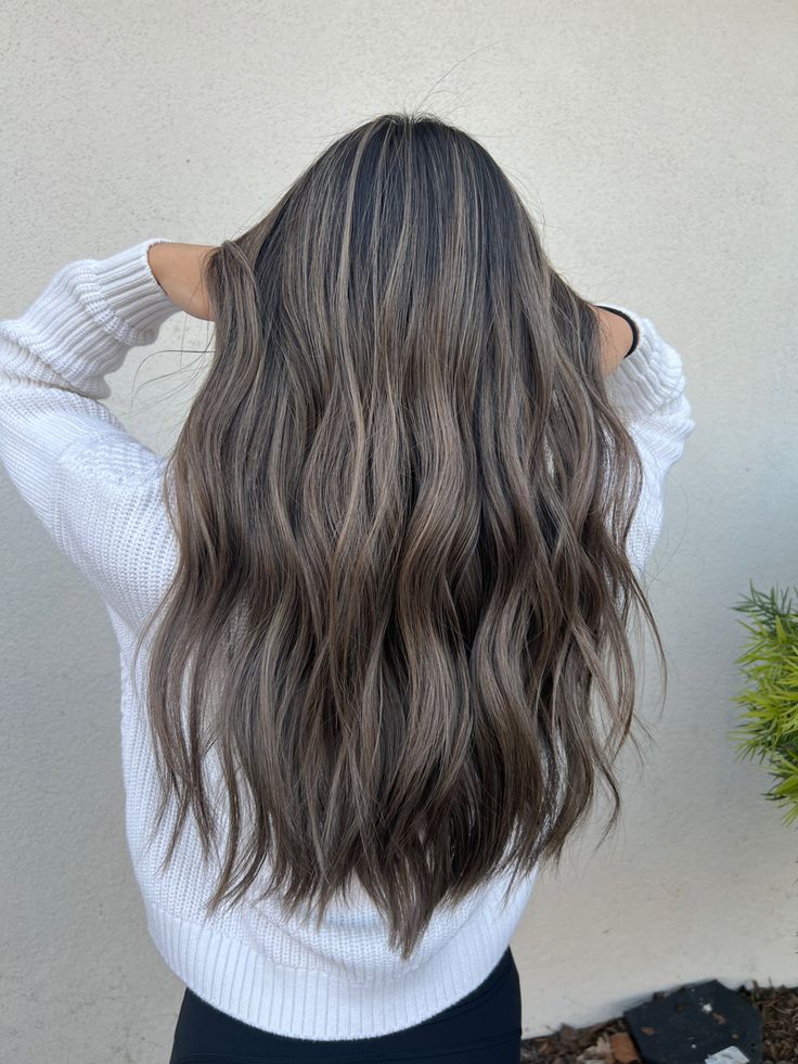 Low Lights With Black Hair, Medium Brown With Ash Highlights, Brown Hair With All Over Highlights, Darker Ash Brown Hair, Dark Brown Hair With Smoky Highlights, Ashy Blonde Balayage Hair, Black Hair With Beige Highlights, Ashy Dark Blonde Hair Balayage, Hairby Chrissy Brunette