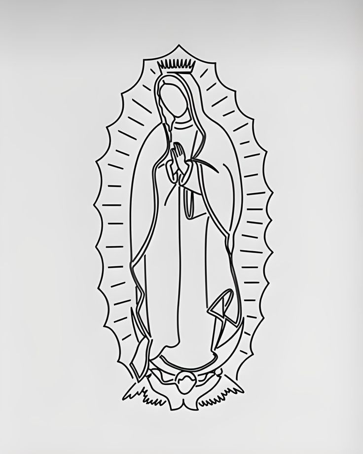 a black and white drawing of the virgin mary in a frame with an oval border around it