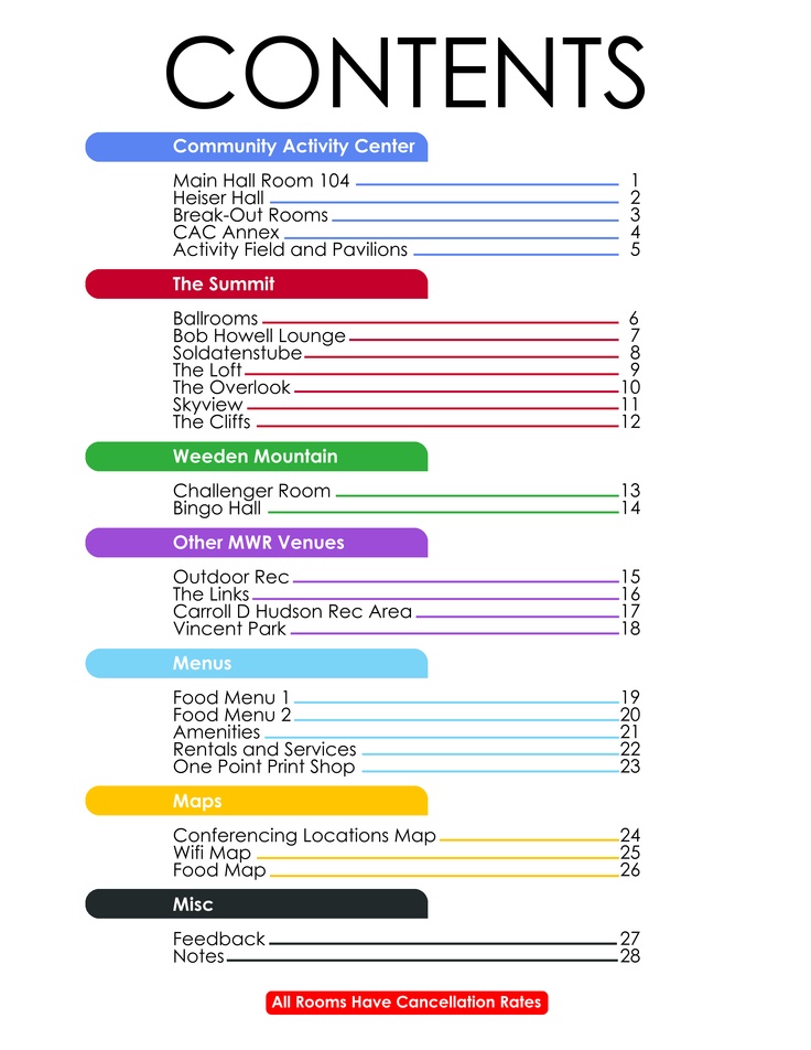 an info sheet with the contents of contents