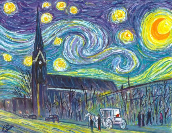 an image of a painting with people in the street at night and stars on the sky