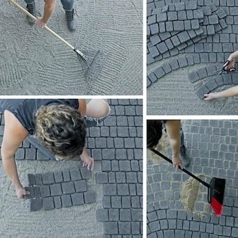 four pictures of people using bricks to build a walkway with shovels and pavers