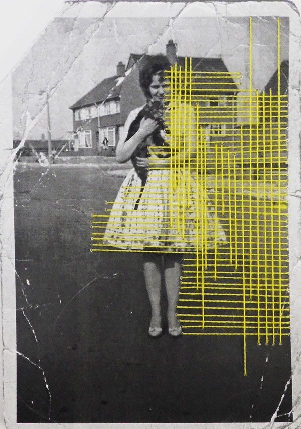 a black and white photo with yellow lines on it