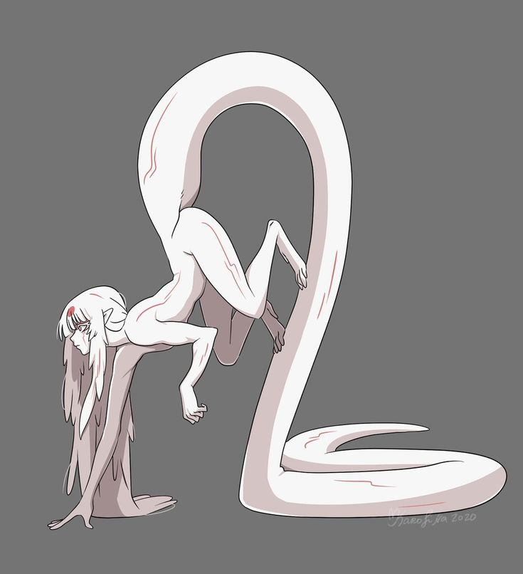 a woman climbing up the side of a giant white snake in front of a gray background