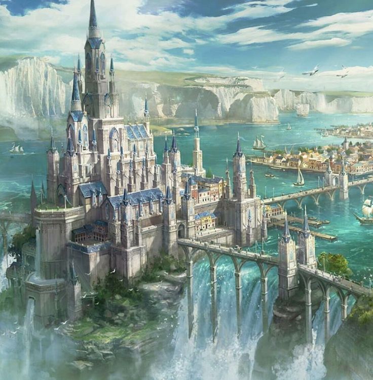 an artist's rendering of a castle in the middle of a body of water