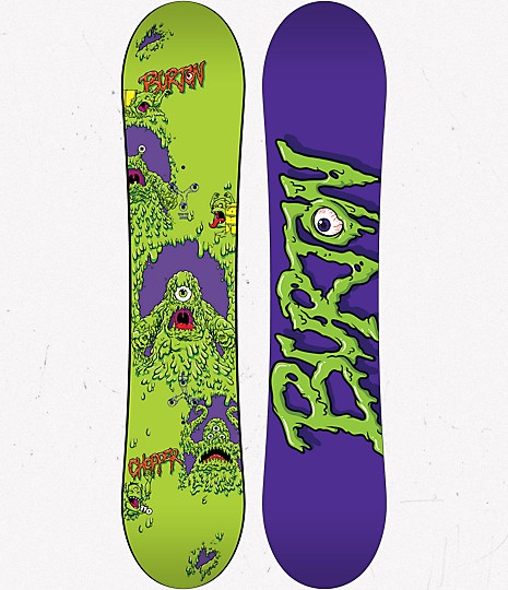 two snowboards with green and purple designs on the bottom one has eyes in it