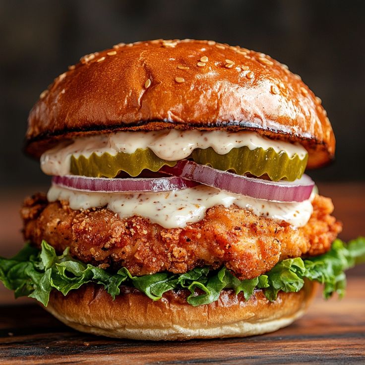 a chicken sandwich with pickles, onions and mayonnaise on a wooden surface